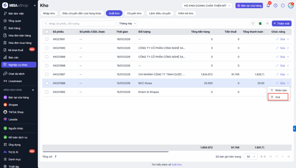 Bước 1: Tại màn hình Tổng quan, chọn Nghiệp vụ\Xuất kho SửaXóa phiếu Xuất kho trên máy tính