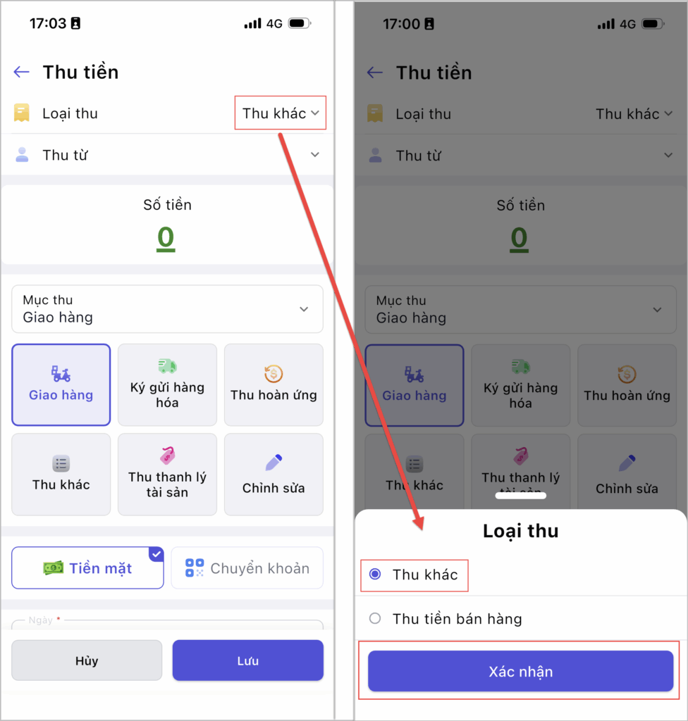 Tạo phiếu thu khác trên điện thoại